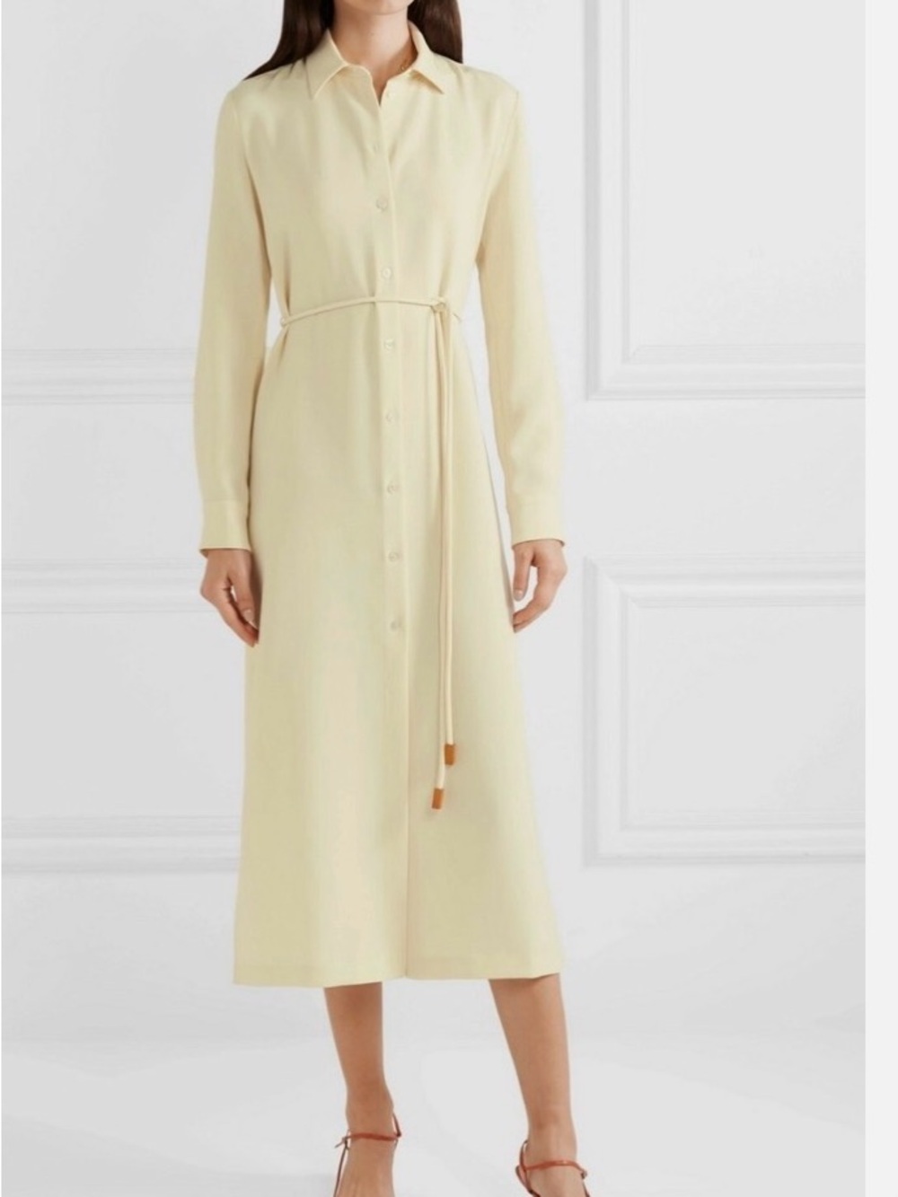 Theory Cream Button-Front Midi Shirt Dress with Tie Waist